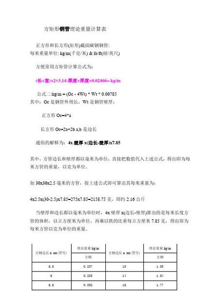 钢管面积计算表